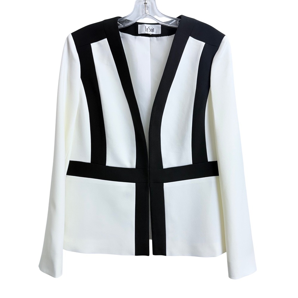 Le Suit Womens 10 Black White Colorblock Blazer Jacket Collarless Crepe